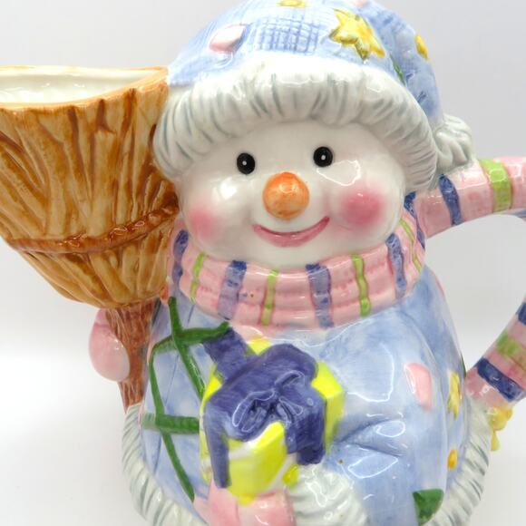 Ceramic Snowman Pitcher Christmas Jug Hand Painted Broom Spout 7” Unbranded - Picture 2 of 11